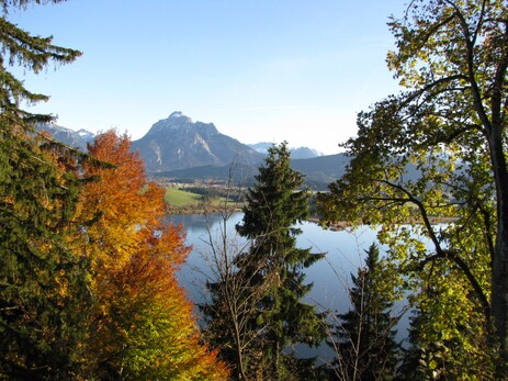 Blick über den Hopfensee auf die Allgäuer Berge